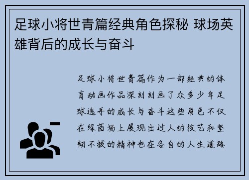 足球小将世青篇经典角色探秘 球场英雄背后的成长与奋斗